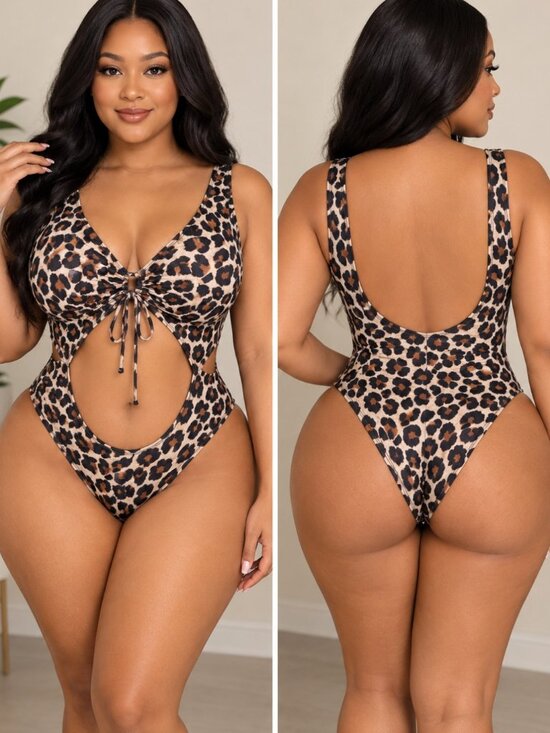 Undranded Other - Leopard Print Resort Wear Cutout One Piece Swimsuit Brown, Black Size 2XL
